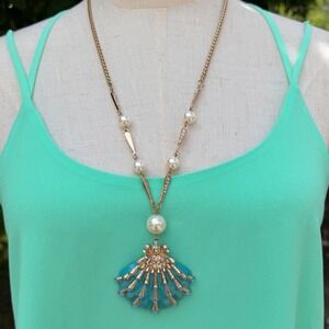 Mia Collection Gold Tone Turquoise Shell Faux Pearl Necklace & Earring‎ Set